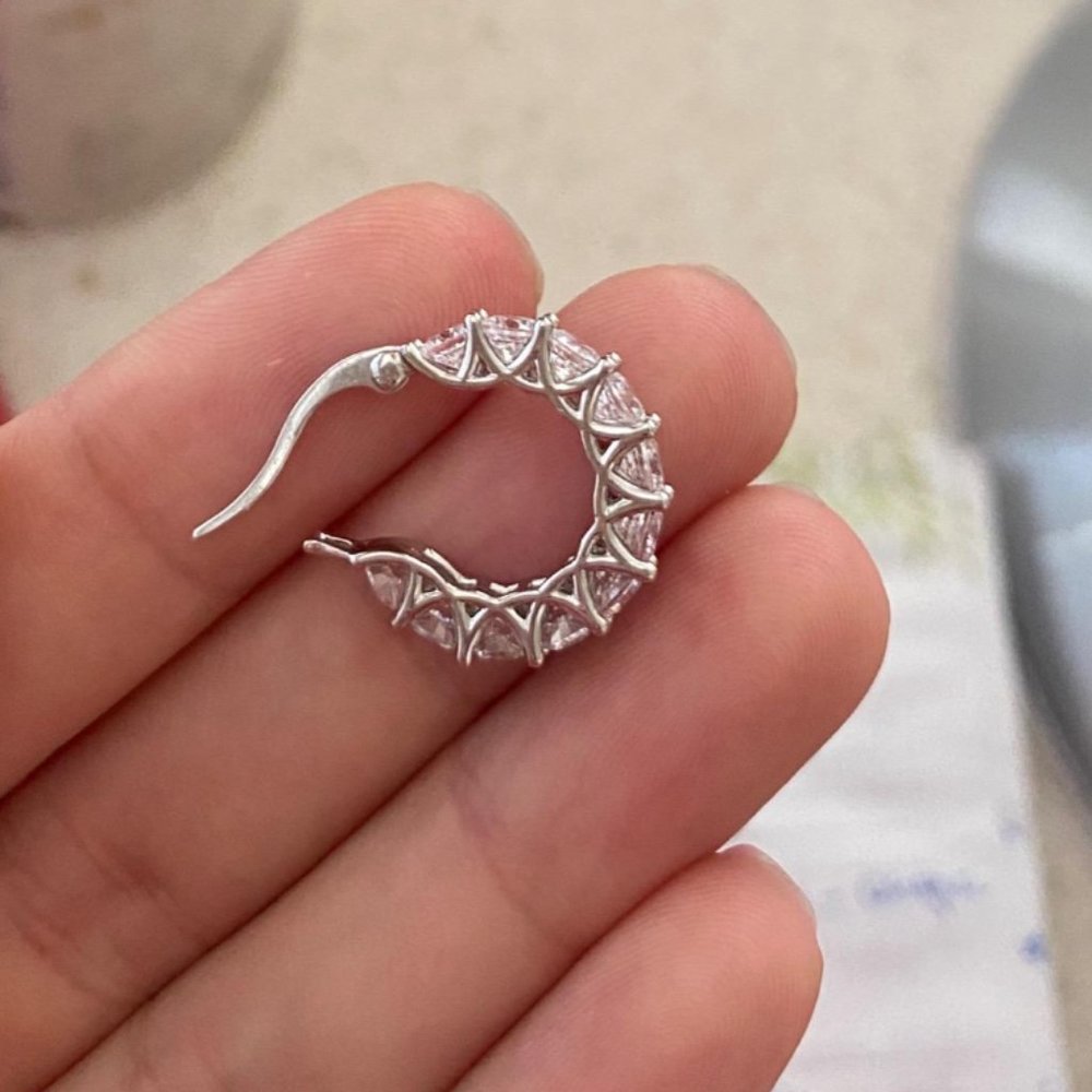 Solid 925 Sterling Silver Hoop Earrings with Cubic Zirconia Stones - Picture 3 of 7